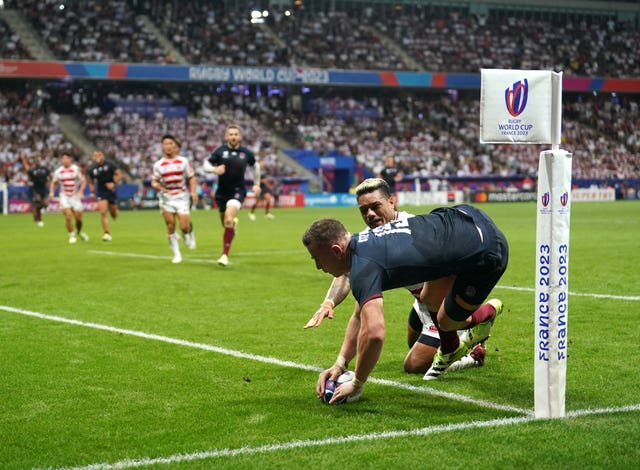 Freddie Steward scores for England against Japan (David Davies/PA)