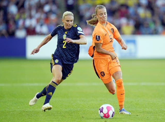 Sweden's Jonna Andersson, left, and Lynn Wilms of the Netherlands battle for possession