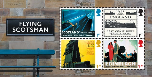 Four of 12 new stamps to mark the 100th anniversary of steam locomotive Flying Scotsman 