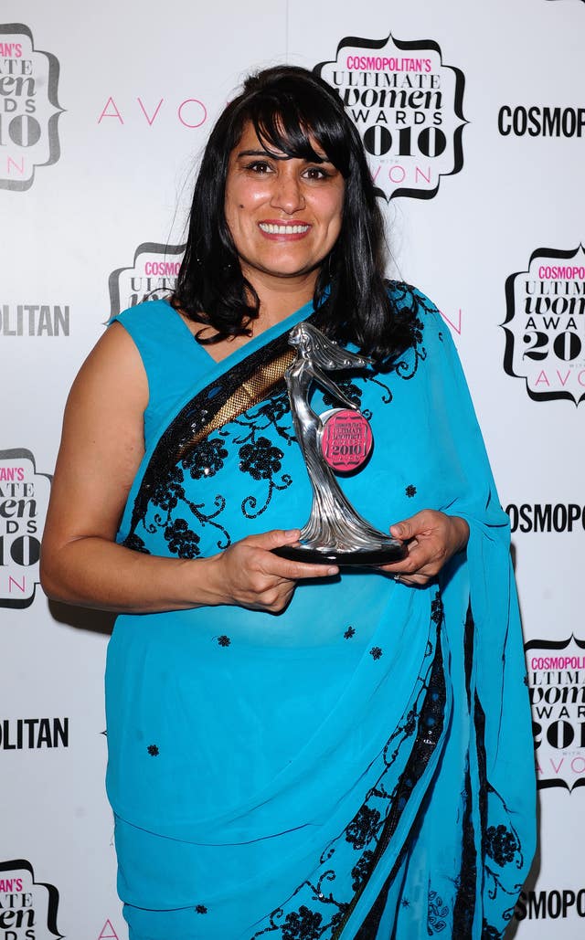 Jasvinder Sanghera wins the Ultimate Woman’s Woman Award, presented by Karren Brady, at the Cosmopolitan Ultimate Women of the Year Awards at Banqueting House in London.