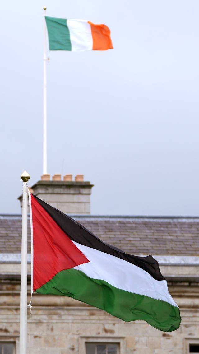 A Palestinian flag flying outside Leinster House with an Irish flag in the distance