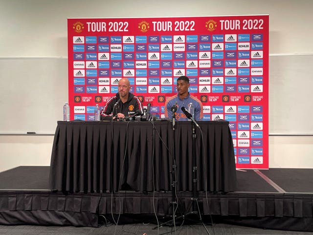 Manchester United manager Erik ten Hag and Marcus Rashford during a press conference at AAMI Park in Melbourne