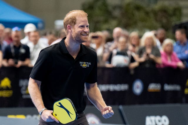 The Duke of Sussex takes part in a session of Pickleball during a visit to Birmingham in July as part of the One Year to Go celebrations for the Invictus Games 