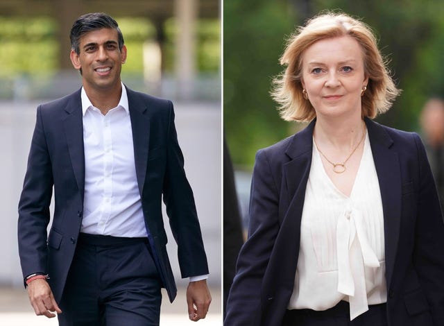 The final two contenders for the position of Tory party leader and prime minister are Rishi Sunak and Liz Truss (PA)