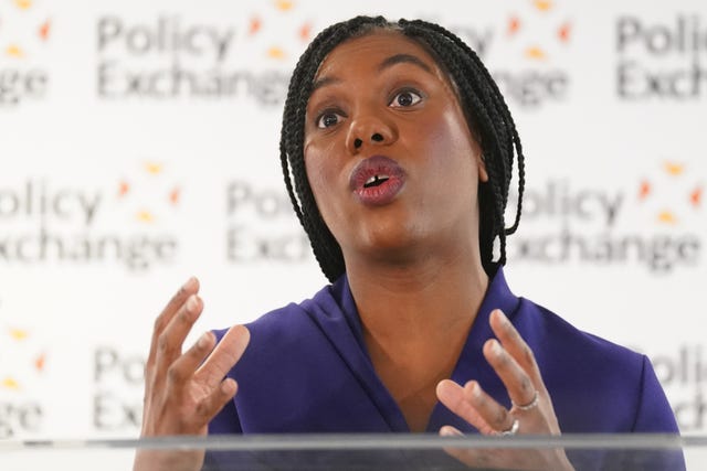 Conservative Party leader Kemi Badenoch delivers a speech at Policy Exchange in Westminster, London 