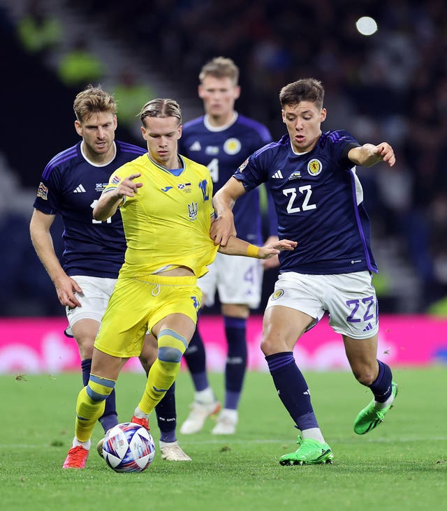 Mykhailo Mudryk in action for Ukraine against Scotland