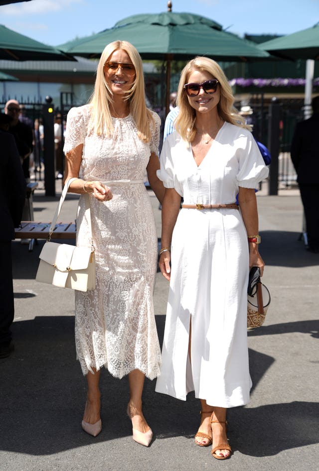 Tess Daly and Gayle Lawton both wearing white dresses on day one of Wimbledon
