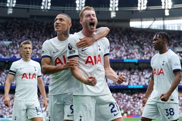 Tottenham’s Dejan Kulusevski (right) celebrates with Richarlison after scoring against Sheffield United (Jonathan Brady/PA)