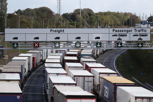 Lorries queue at the entrance to the Channel Tunnel in Folkestone (Gareth Fuller/PA)