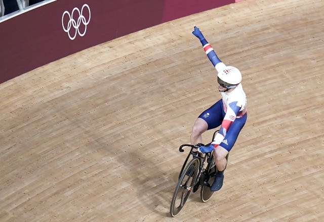 Jason Kenny celebrates after winning gold in the men’s keirin 