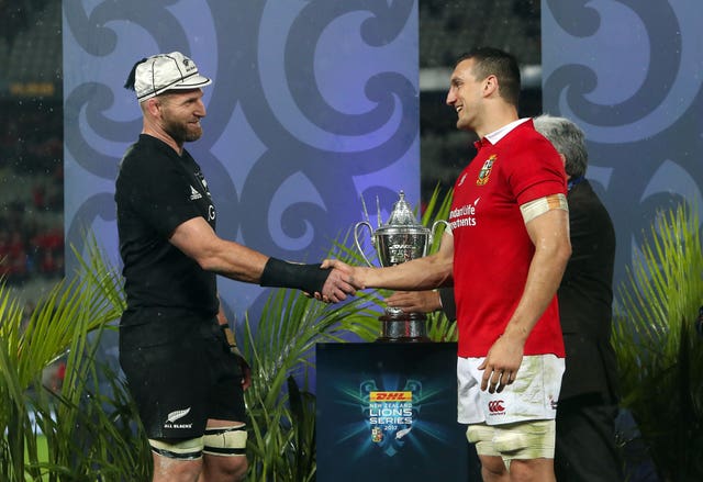 British and Irish Lions captain Sam Warburton and New Zealand’s Kieran Read shake hands after the 2017 series was drawn