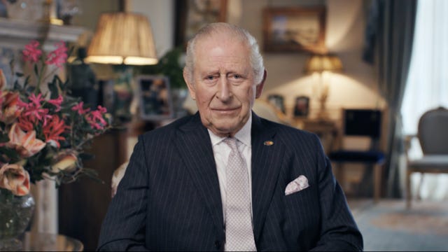 The King in The Morning Room at Clarence House, London, recording the personal message 