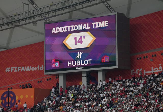 The big screen shows 14 added minutes at the end of the first half of England's World Cup opener against Iran last November