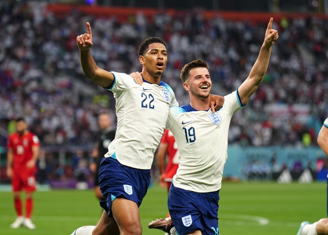Jude Bellingham celebrates scoring for England against Iran
