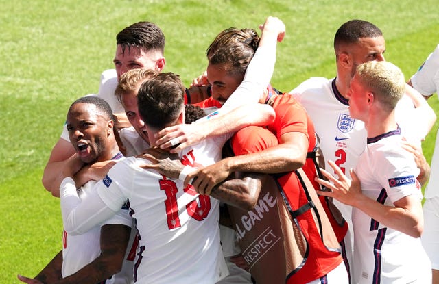 Raheem Sterling, left, celebrates scoring against Croatia at Euro 2020