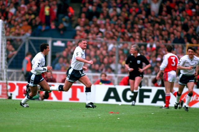 Paul Gascoigne (centre) scored a memorable free-kick as Spurs beat Arsenal in their FA Cup semi-final clash at Wembley (Neal Simpson/EMPICS Sport)