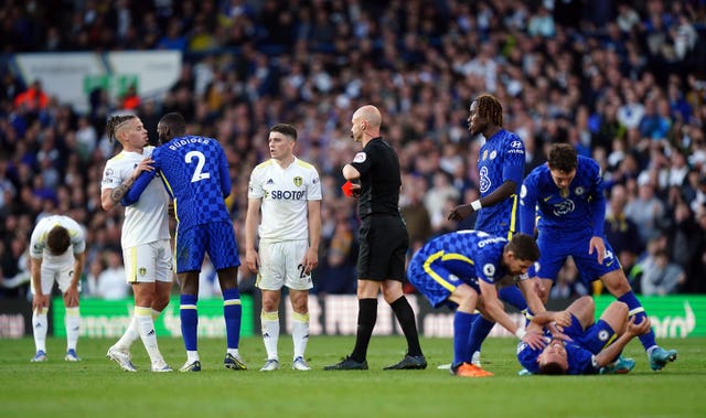 Dan James, centre left, is shown a straight red card during Leeds' midweek defeat to Chelsea