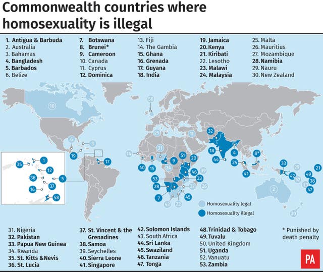 Commonwealth countries where homosexuality is illegal (PA Graphics)