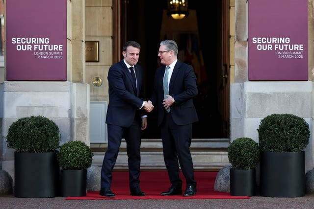 Prime Minister Sir Keir Starmer (right) welcomes French President Emmanuel Macron to Lancaster House, London