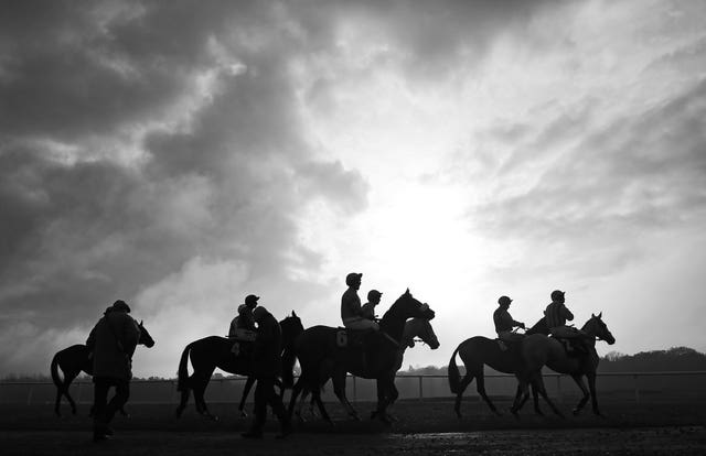 The runner and riders before The Ladbrokes “where The Nation Plays” Mares’ Novices’ Hurdle Race at Newbury Racecourse