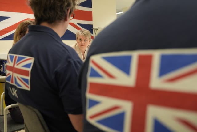 Foreign Secretary Yvette Cooper speaking to staff at the crisis centre at the British embassy in Riyadh, Saudi Arabia