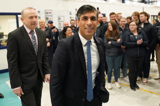 Prime Minister Rishi Sunak with Northern Ireland Secretary Chris Heaton-Harris during his visit to the maritime technology centre at Artemis Technology in Belfast, Northern Ireland, while on the General Election campaign trail 