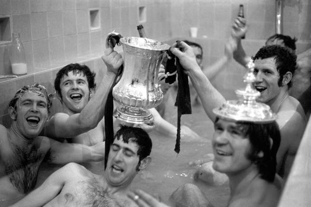 John Hollins (second left) celebrates Chelsea's FA Cup final win with his team-mates