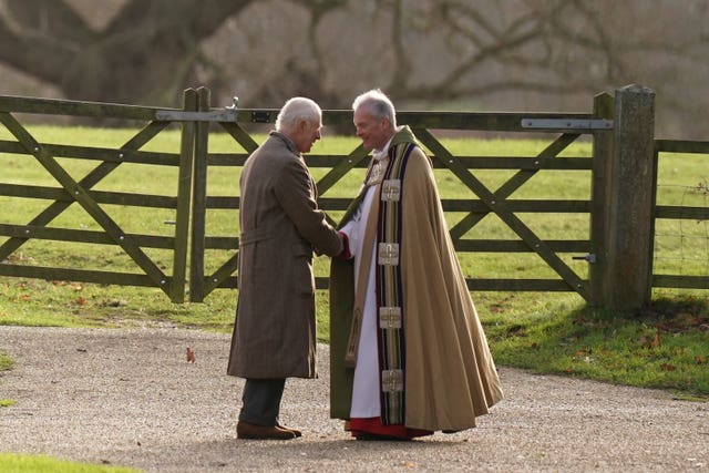 King Charles arrives for a Sunday church service at St Mary Magdalene Church in Sandringham, Norfolk. 