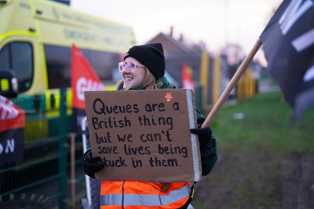 Ambulance workers on the picket line outside the Donnington Ambulance Hub, near Telford in Shropshire (Jacob King/PA)