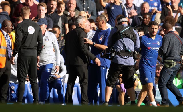 Mourinho reacts after Chelsea coach Marco Ianni appears to goad him following a late equaliser when the two clubs met in October 2018