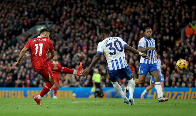 Mohamed Salah shoots to score Liverpool's second goal