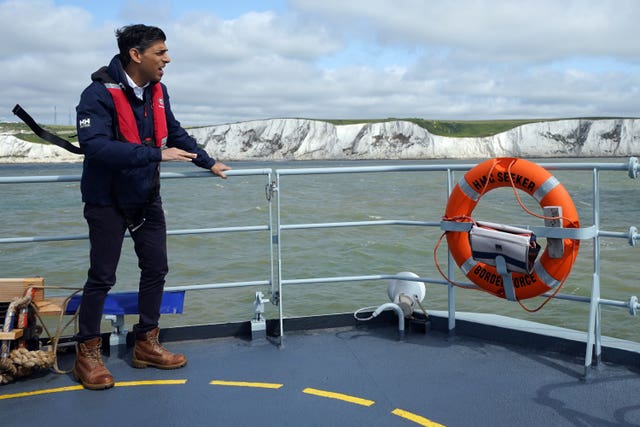 Prime Minister Rishi Sunak onboard Border Agency cutter HMC Seeker during a visit to Dover, ahead of a press conference to update the nation on the progress made in the six months since he introduced the Illegal Migration Bill 