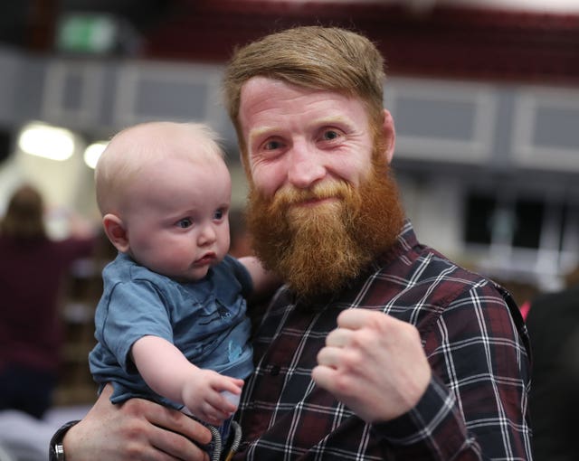 Sinn Fein candidate and former MMA fighter Paddy 'The Hooligan' Holohan with his son Seamus at the count in Dublin