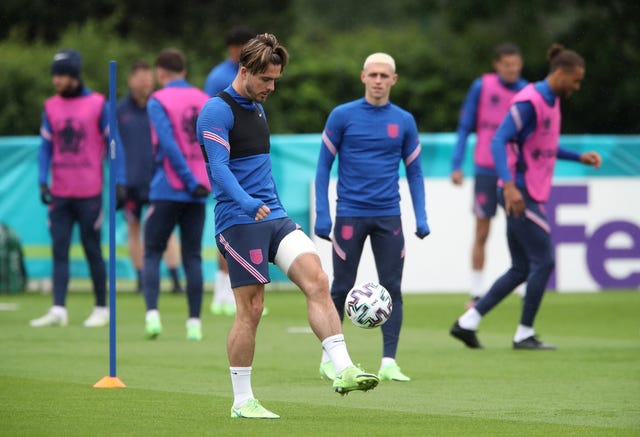 Jack Grealish was spotted with strapping on his left thigh at training on Monday