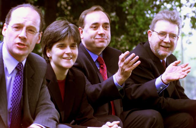 John Swinney, Mike Russell, Alex Salmond and Nicola Sturgeon after the Scottish Parliament election in 1999