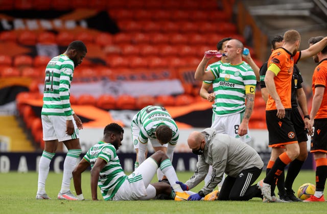 Odsonne Edouard receives treatment in the game against Dundee United