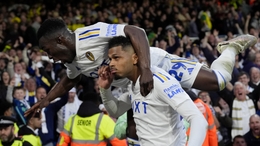 Leeds United’s Georginio Rutter celebrates with team-mate Wilfried Gnonto (top) after scoring their side’s third goal of the game during the Sky Bet Championship play-off semi-final second leg match at Elland Road, Leeds. Picture date: Thursday May 16,...