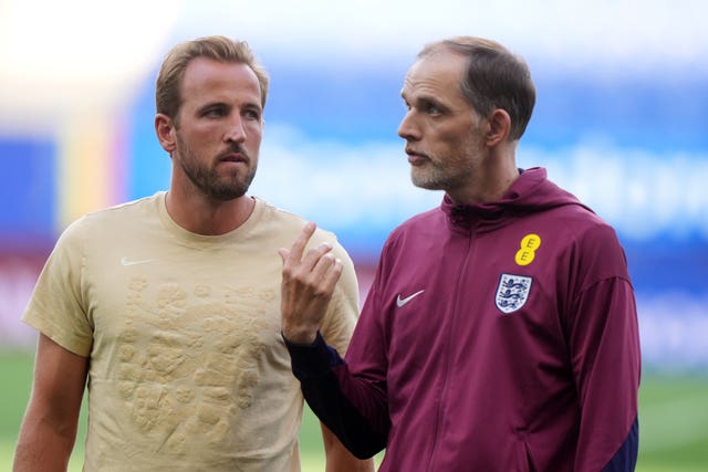 England’s Thomas Tuchel (right) and Harry Kane during a pitch walk at the RCDE Stadium