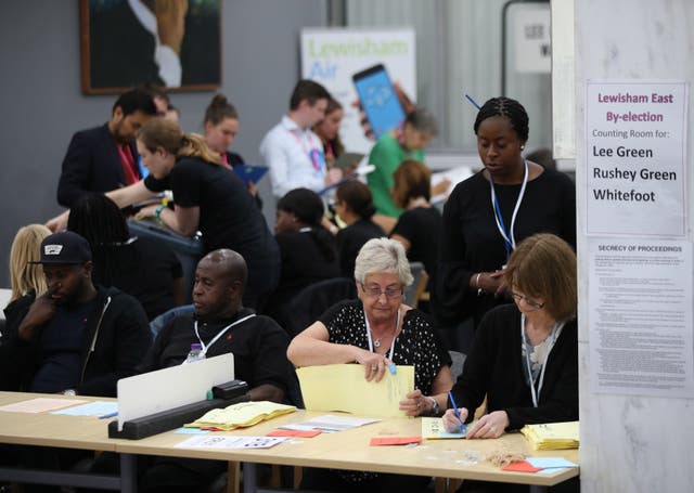 Ballot papers being counted during the Lewisham East by-election at Lewisham Civic Suite, in Catford, south London (Yui Mok/PA)