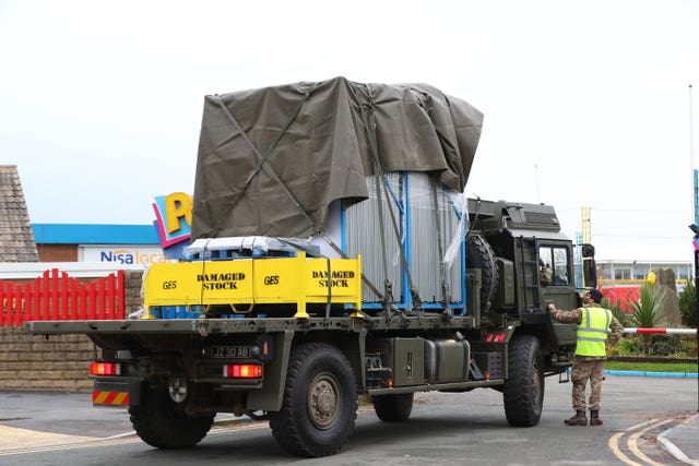 Equipment arrives at Pontin’s in Southport where soldiers are staying ahead of the start of mass Covid-19 testing in Liverpool (Peter Byrne/PA)