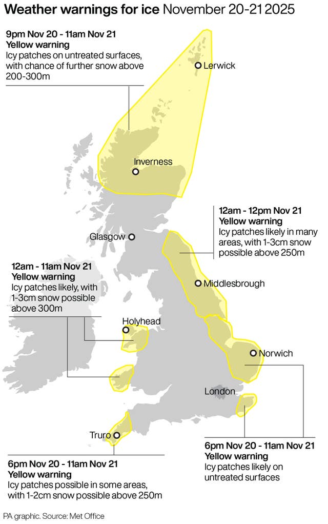 A PA graphic showing weather warnings for ice for November 20-21 