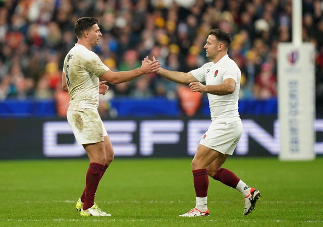 Ben Youngs, left, and Danny Care during England's victory over Argentina at the 2023 Rugby World Cup