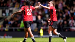 Manchester United’s Ella Toone (right) celebrates with team-mate Geyse (Mike Egerton/PA)