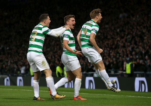 James Forrest, pictured centre, opened the scoring for Celtic