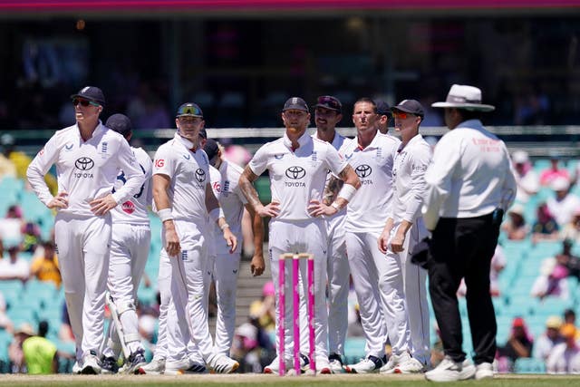 England players look dejected and confused after an unsuccessful review for caught behind on day five of the fifth Ashes Test in Sydney last month