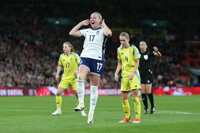 Beth Mead plays football for England against Sweden at Wembley