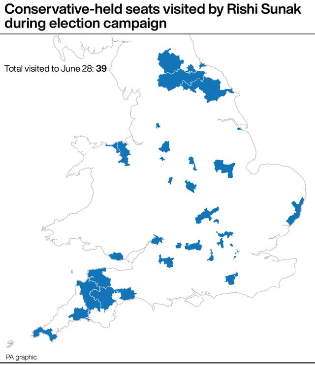 A map showing Conservative-held seats visited by Rishi Sunak during the election campaign