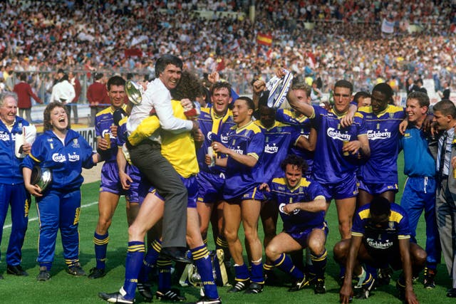 Wimbledon celebrate their unlikely 1988 FA Cup success at Wembley