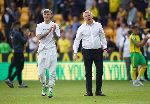 Norwich’s Brandon Williams and manager Dean Smith