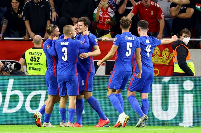 Harry Maguire celebrates scoring England's third goal against Hungary